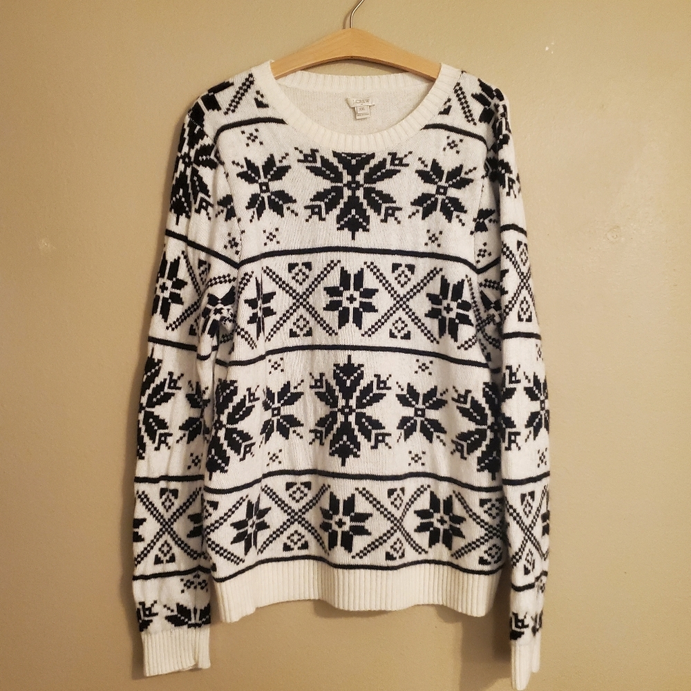 J.CREW Factory Black Cream Merino Wool‎ Blend Fair Isle Nordic Snowflake Sweater